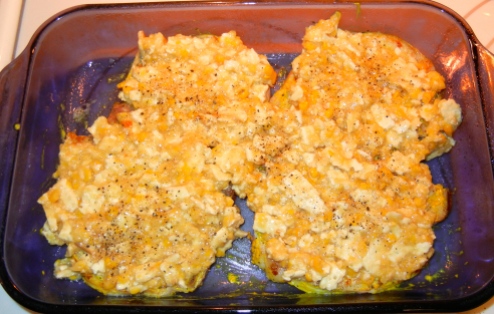 Place pork chops in a large baking dish and top with corn mixture